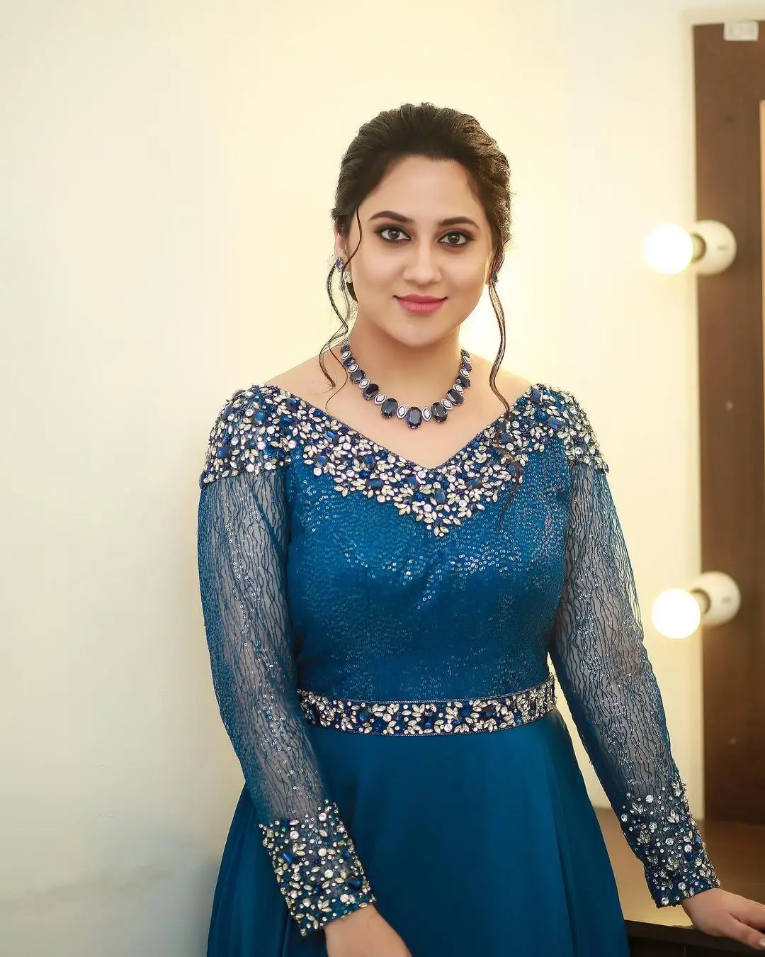 Miya George Wearing Beautiful Earring Jewellery Blue Dress